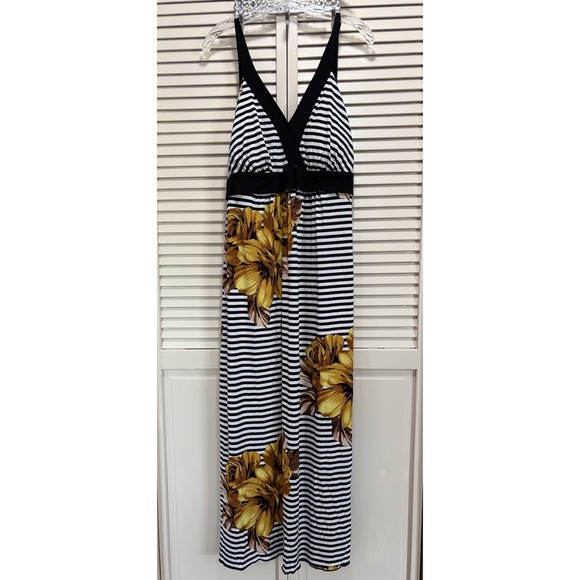 En‎ Focus Maxi Black/White Stripe/Floral Straps Dress Size 20W Tie Waist - Picture 1 of 8